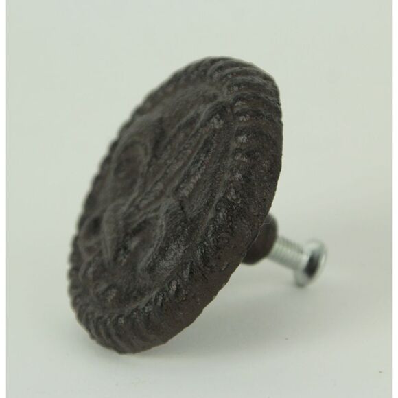 Brown Cast Iron Fleur De Lis Round Cabinet Knobs or Drawer Pulls Set of 12 - Picture 2 of 3